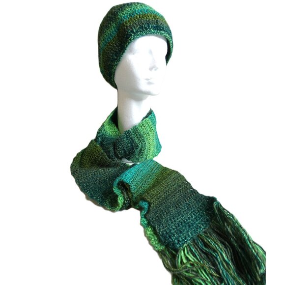 Green Scarf & Hat SET Extra Long Stripes Handmade Crochet Hand Knit Warm NWT - Picture 2 of 11